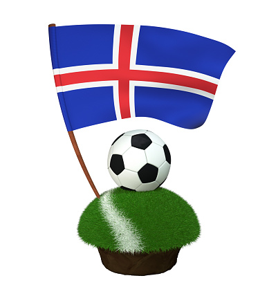 A black and white round ball for playing football and the national flag of Island are located on a stretch of a football field with green grass and a white stripe. 3D Illustration