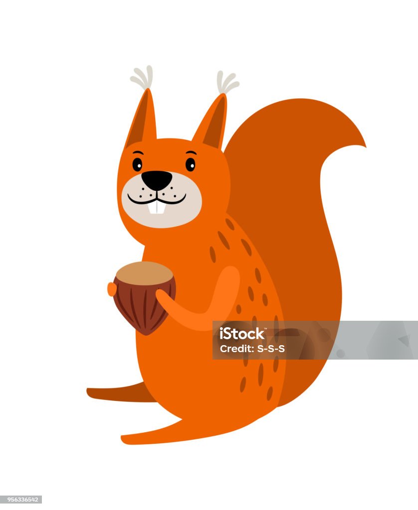 Squirrel red cartoon icon Squirrel holding nut, red cartoon icon isolated on white background, vwctor illustration Squirrel stock vector