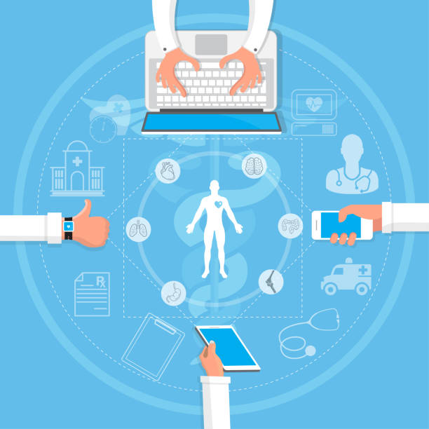 ilustrações de stock, clip art, desenhos animados e ícones de vector illustration modern creative health infographics design on modern high tech devices using in run showing man tracking his health condition with watch, mobile application and computer services connection. - coordination