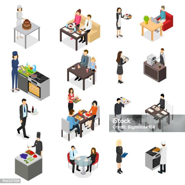 Restaurant Cafe Ou Bar Personnel Gens Icons Set Vue 3d Isométrique Vector Vecteurs libres de droits et plus d'images vectorielles de Perspective isométrique