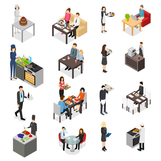 ilustrações de stock, clip art, desenhos animados e ícones de restaurant cafe or bar personnel people 3d icons set isometric view. vector - commercial kitchen illustrations