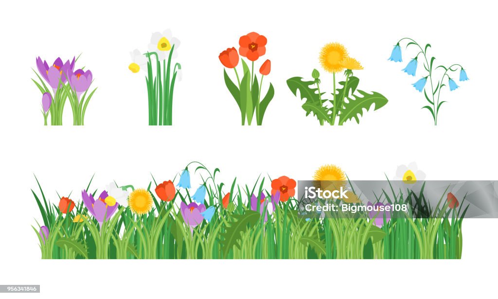 Cartoon Garden Flowers and Element Set. Vector Cartoon Garden Flowers and Element Set Concept Flat Design Style Include of Grass, Plant and Leaf. Vector illustration Flower stock vector