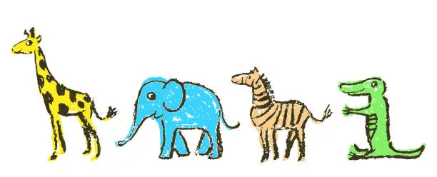 Vector illustration of Crayon like kid`s hand drawn wild animals set. Giraffe, elephant, zebra and crocodile isolated on white.