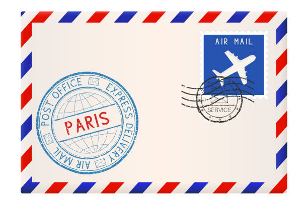 ilustraciones, imágenes clip art, dibujos animados e iconos de stock de sobres con el sello de parís. franqueo correo internacional con matasellos y sellos - postage stamp postmark mail paris france