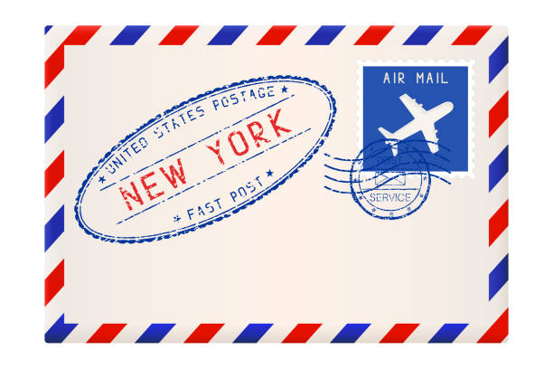 ilustrações de stock, clip art, desenhos animados e ícones de international air mail envelope from new york. with oval blue postal stamp - air mail mail envelope blank