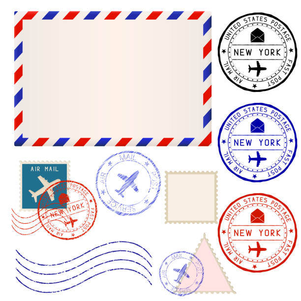illustrations, cliparts, dessins animés et icônes de avec la collection de timbres poste enveloppe de courrier international new york - lettre par avion