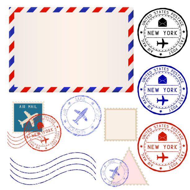 International mail envelope with collection of post stamps marked NEW YORK International mail envelope with collection of post stamps marked NEW YORK. Vector illustration isolated on white background air mail stock illustrations