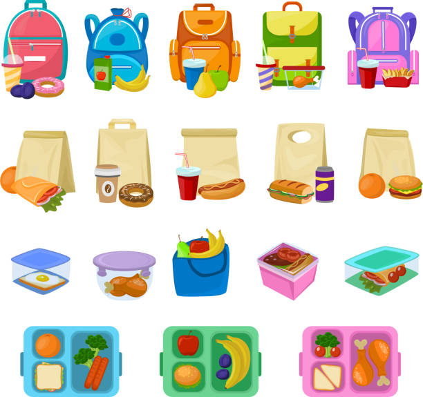 Lunch box vector school lunchbox with healthy food fruits or vegetables boxed in kids container illustration set of packed meal sausages or bread isolated on white background Lunch box vector school lunchbox with healthy food fruits or vegetables boxed in kids container illustration set of packed meal sausages or bread isolated on white background. school lunch stock illustrations