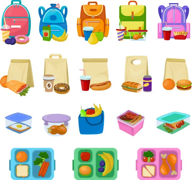 Vector illustration of Lunch box vector school lunchbox with healthy food fruits or vegetables boxed in kids container illustration set of packed meal sausages or bread isolated on white background