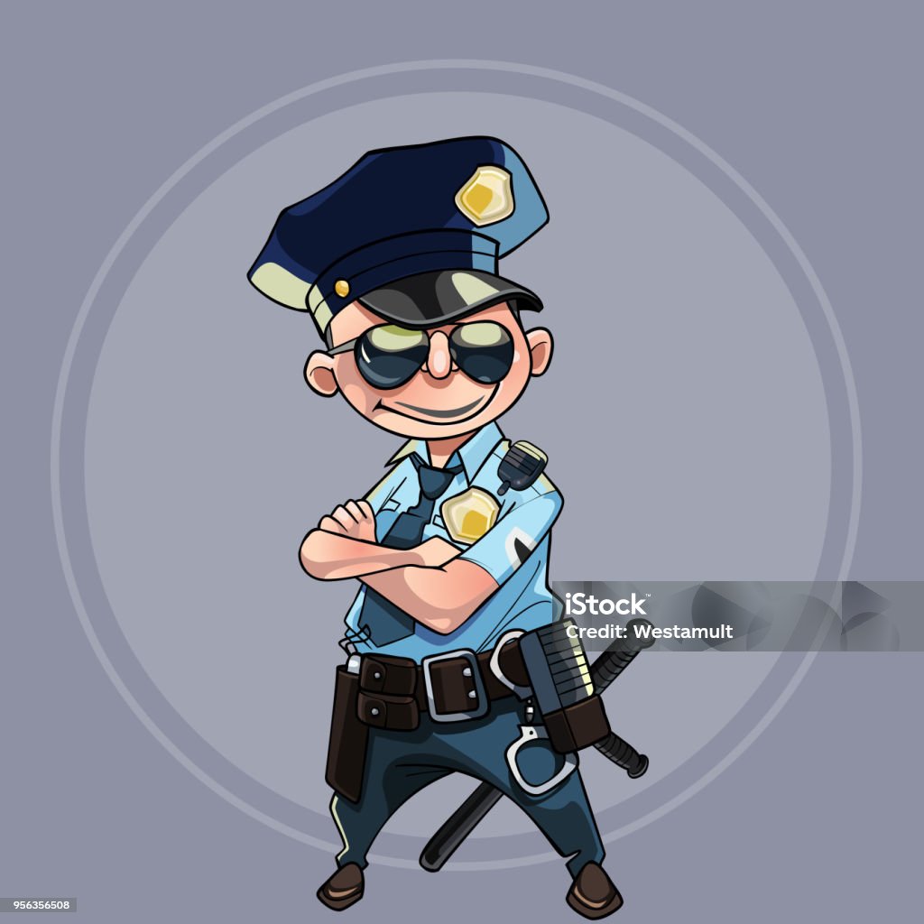 Ilustración de Hombre De Dibujos Animados En Un Pie Uniforme De Policía Con  Los Brazos Cruzados En El Pecho y más Vectores Libres de Derechos de Adulto  - iStock
