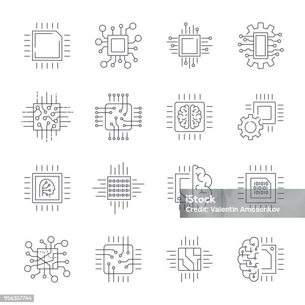 Cpu Microprocessor And Chips Icons Set Vector Editable Stroke Stock Illustration - Download Image Now