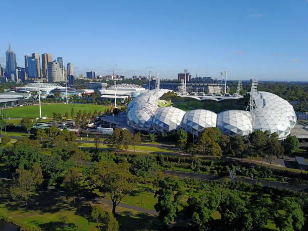 Melbourne, Australia - Jan 5, 2018:AAMI Park in Melbourne, with Melbourne city in the background.  AAMI Park is an outdoor Rectangular Stadium, which holds sports and entertainment events throughout the year.  It opened in May 2010 and holds approx 30,000 people.