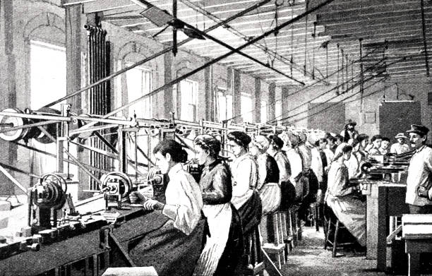 мать-из-жемчужина промышленности: миссисипи - ручка шлифовальные на заводе женщин-работницах - grind stock illustrations
