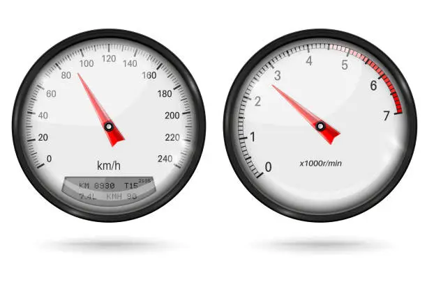 Vector illustration of Speedometer and tachometer. Round gage with black frame isolated on white background