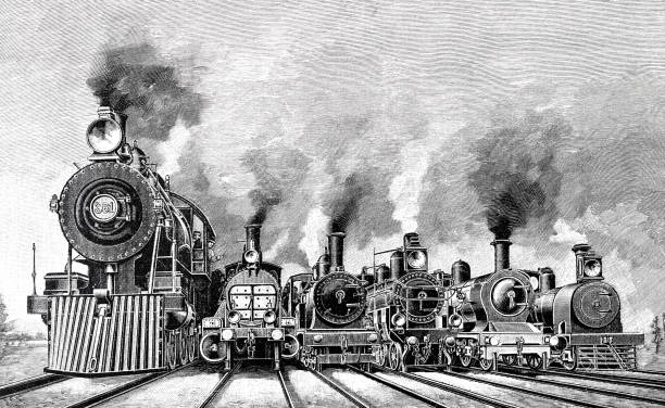 The railway lines of the most important countries, divided according to the rail length, from left to right : USA, Germany, France, Russia, England, India Illustration from 19th century india train stock illustrations