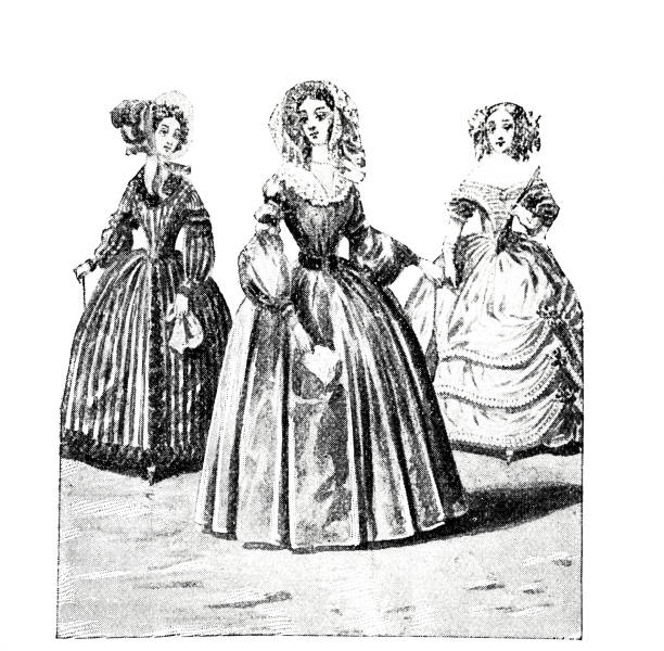 ilustrações de stock, clip art, desenhos animados e ícones de woman fashion around 1840 - set of bio inscriptions