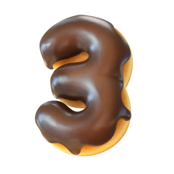 Photo of Glazed donut font 3d rendering number 3