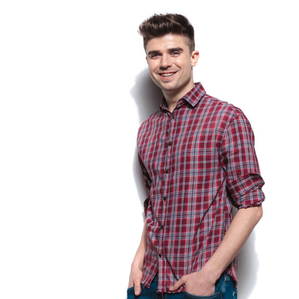 istock happy relaxed man wears red checkers shirt with rolled sleeves 956366874