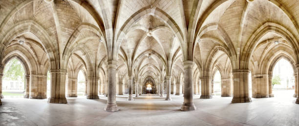 Glasgow University Cloisters panorama The historic Cloisters of Glasgow University. Panorama of the exterior walkway. Image taken from a public position. glasgow scotland stock pictures, royalty-free photos & images