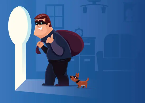 Vector illustration of cheerful thief with dog leaving unlocked apartment