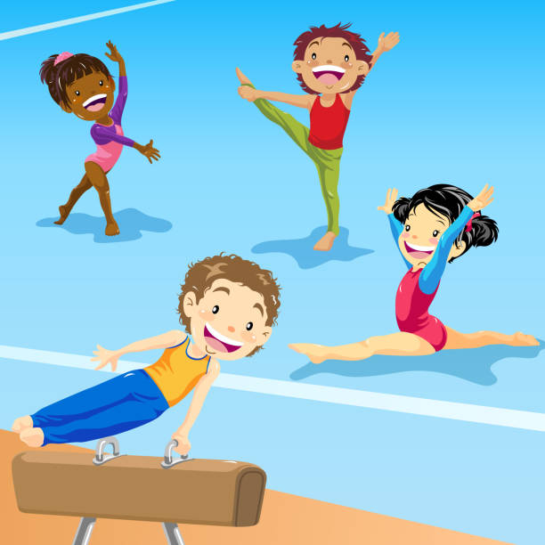 Kids Gymnastics Training Multi-ethnic group of children gymnastics training for championship. feet up stock illustrations