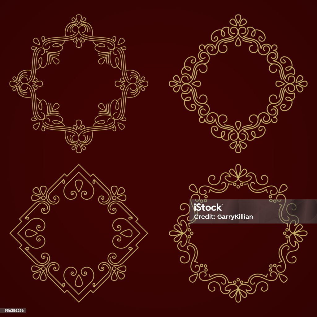 Vector Floral And Geometric Monogram Frame On Dark Gray Background ...