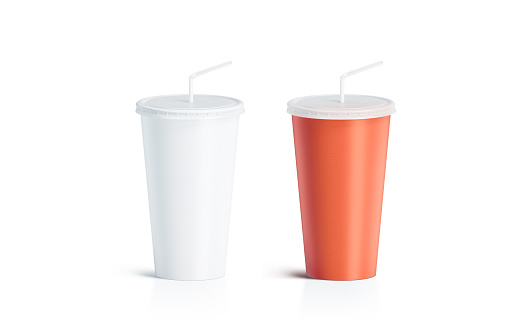 Blank white and red disposable cup with straw mock up, isolated. Empty paper soda drinking mug mockup with lid and tube front view. Clear soft drink cola take away plastic package