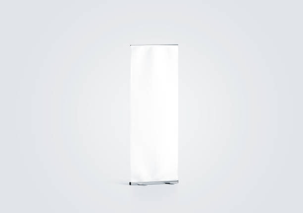 Blank white roll-up banner display mockup, side view Blank white roll-up banner display mockup, side view, 3d rendering. Empty rollup baner design mock up on gray background. Clear roller sign board template stand retractable stock pictures, royalty-free photos & images