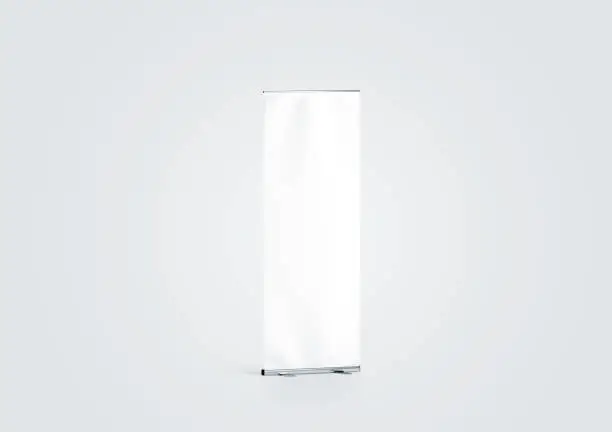 Blank white roll-up banner display mockup, side view, 3d rendering. Empty rollup baner design mock up on gray background. Clear roller sign board template stand