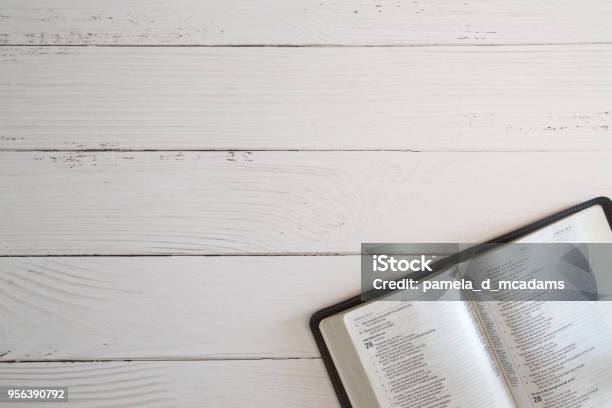 Bible Study On A White Wood Table Stock Photo - Download Image Now - Bible, Open, Spirituality