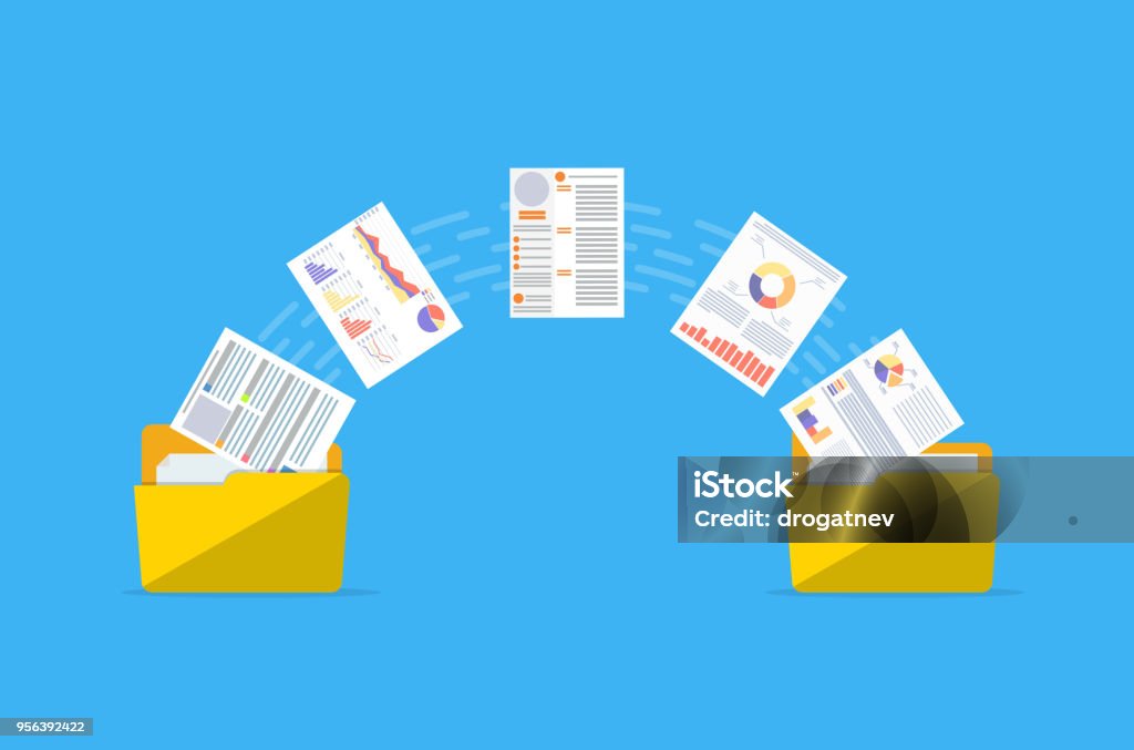 Files transfer. Documents management. Files transfer. Documents management. Two folders transferred documents. Copy files, data exchange, backup, PC migration, file sharing concepts Document stock vector