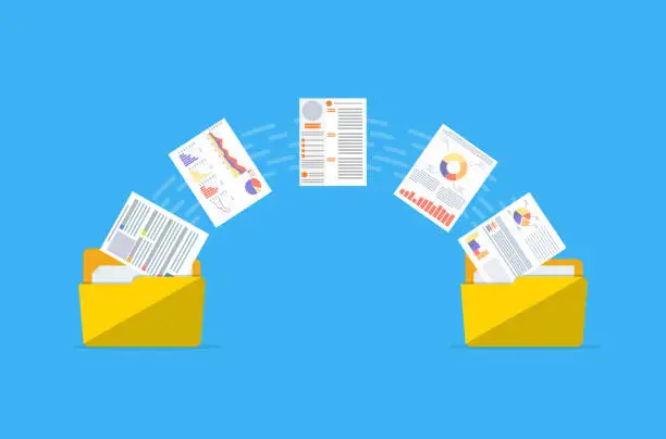 Vector illustration of Files transfer. Documents management.