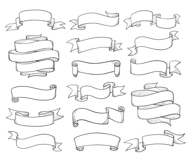 빈티지 리본 스케치 - grunge frame scroll shape old fashioned stock illustrations