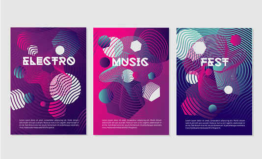 Dance music festival posters with abstract geometric smooth line. Invitation templates for night club party with dynamic shapes.