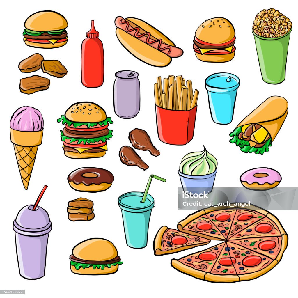 Ilustración de Comida Rápida De Dibujo Vectorial y más Vectores Libres de  Derechos de Alimento - Alimento, Beber, Bebida - iStock
