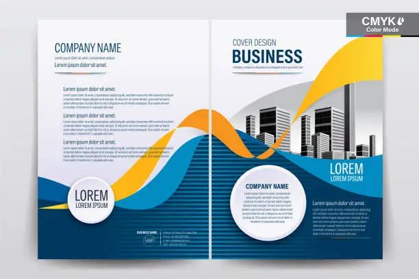 Vector illustration of Brochure Flyer Template Layout Background Design. booklet, leaflet, corporate business annual report layout with white, blue and yellow curve background template a4 size - Vector illustration