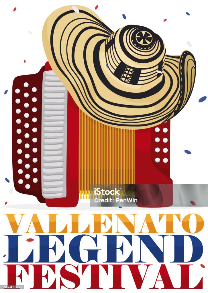 Traditional Vueltiao Hat over Accordion for Vallenato Legend Festival Poster with accordion and traditional vueltiao hat under a confetti shower to celebrate the Colombian Vallenato Legend Festival. Vallenato stock vector