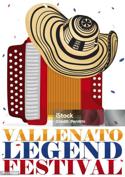 Traditional Vueltiao Hat Over Accordion For Vallenato Legend Festival Stock Illustration - Download Image Now