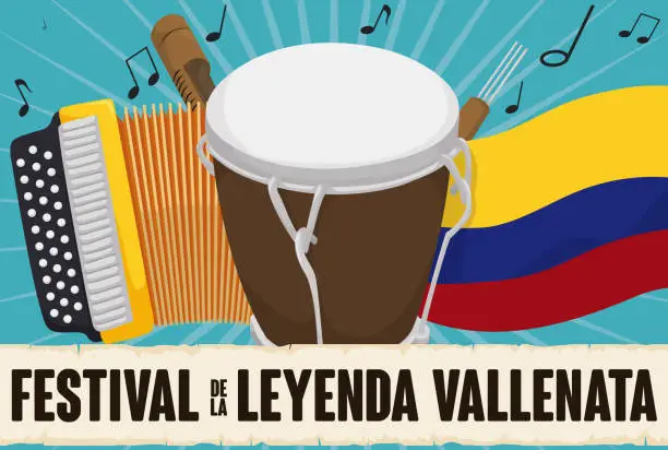Vector illustration of Accordion, Caja, Guacharaca, Colombian Flag and Scroll for Vallenato Festival