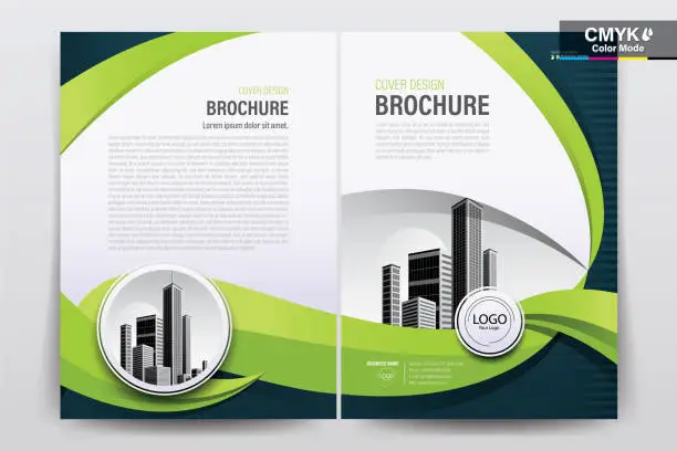Vector illustration of Brochure Flyer Template Layout Background Design. booklet, leaflet, corporate business annual report layout with white  and green curve background template a4 size - Vector illustration.