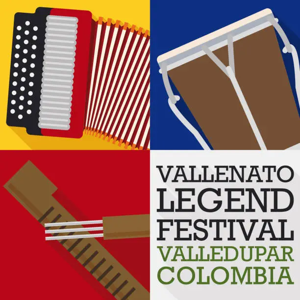 Vector illustration of Accordion, Caja and Guacharaca in Flat Style for Vallenato Festival