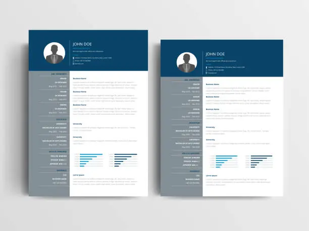 Vector illustration of A Modern resume layout with a dark blue header and gray, left-aligned sidebar element. A4 and US letter sizes Vector Illustration