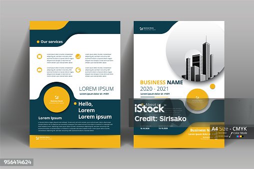 istock Brochure Flyer Template Layout Background Design. booklet, leaflet, corporate business annual report layout with white, gray and yellow circle background template a4 size - Vector illustration. 956414624