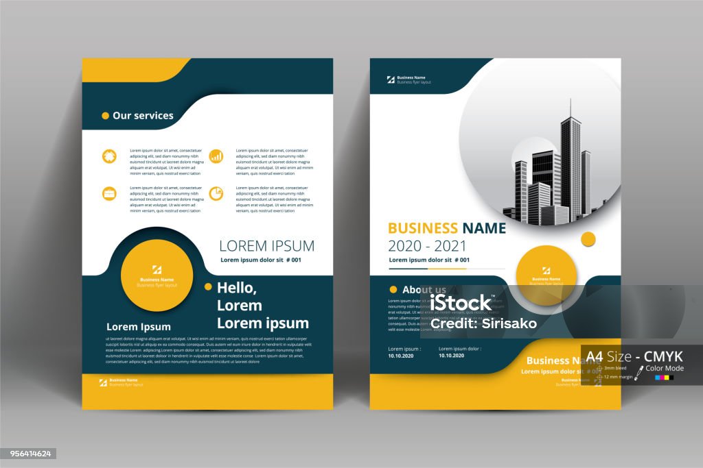 Brochure Flyer Template Layout Background Design. booklet, leaflet, corporate business annual report layout with white, gray and yellow circle background template a4 size - Vector illustration. Template stock vector