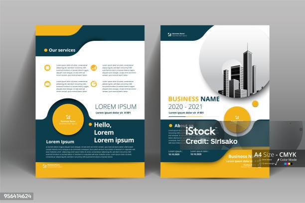 Brochure Flyer Template Layout Background Design Booklet Leaflet Corporate Business Annual Report Layout With White Gray And Yellow Circle Background Template A4 Size Vector Illustration Stock Illustration - Download Image Now