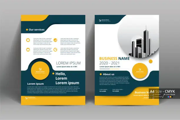 Vector illustration of Brochure Flyer Template Layout Background Design. booklet, leaflet, corporate business annual report layout with white, gray and yellow circle background template a4 size - Vector illustration.