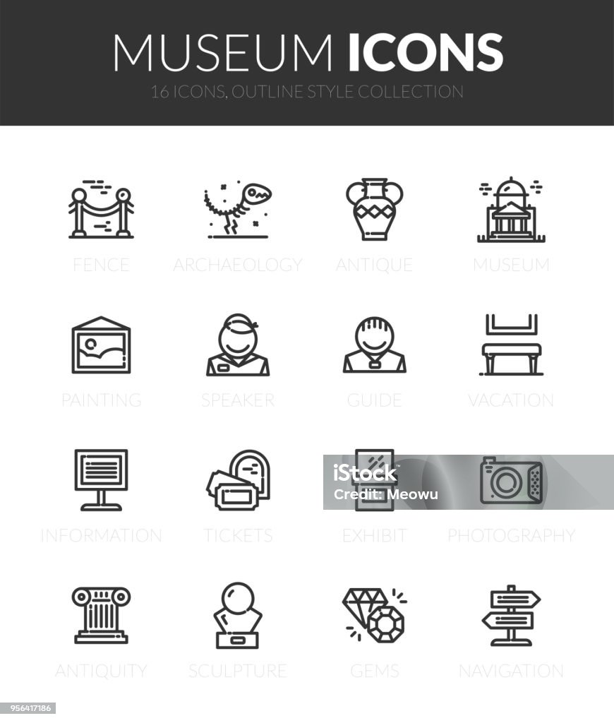 Outline black icons set in thin modern design style Outline black icons set in thin modern design style, flat line stroke vector symbols - museum collection Ancient stock vector