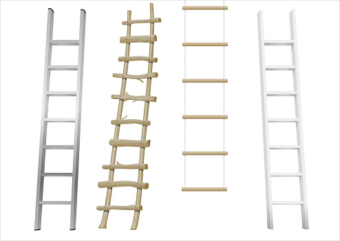 A set of different ladders made of wood or metal. Rope-ladder. Vector graphics with transparency effect