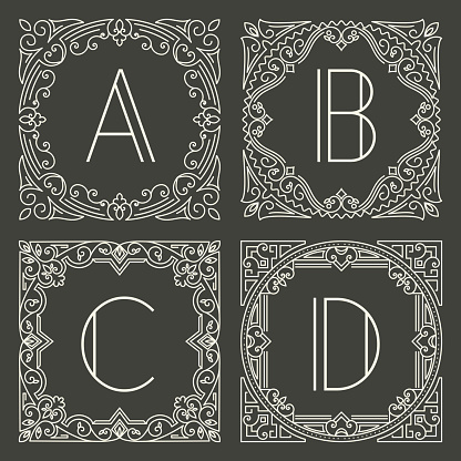 Set of vector floral and geometric monogram logos with capital letter on dark gray background. Monogram design element. Vintage styled initial decoration.