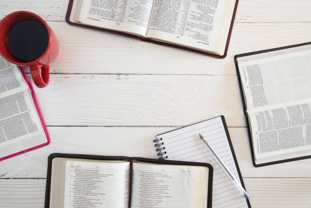 Group Bible Study on a White Wood Table Group Bible Study on a White Wood Table small group of objects stock pictures, royalty-free photos & images